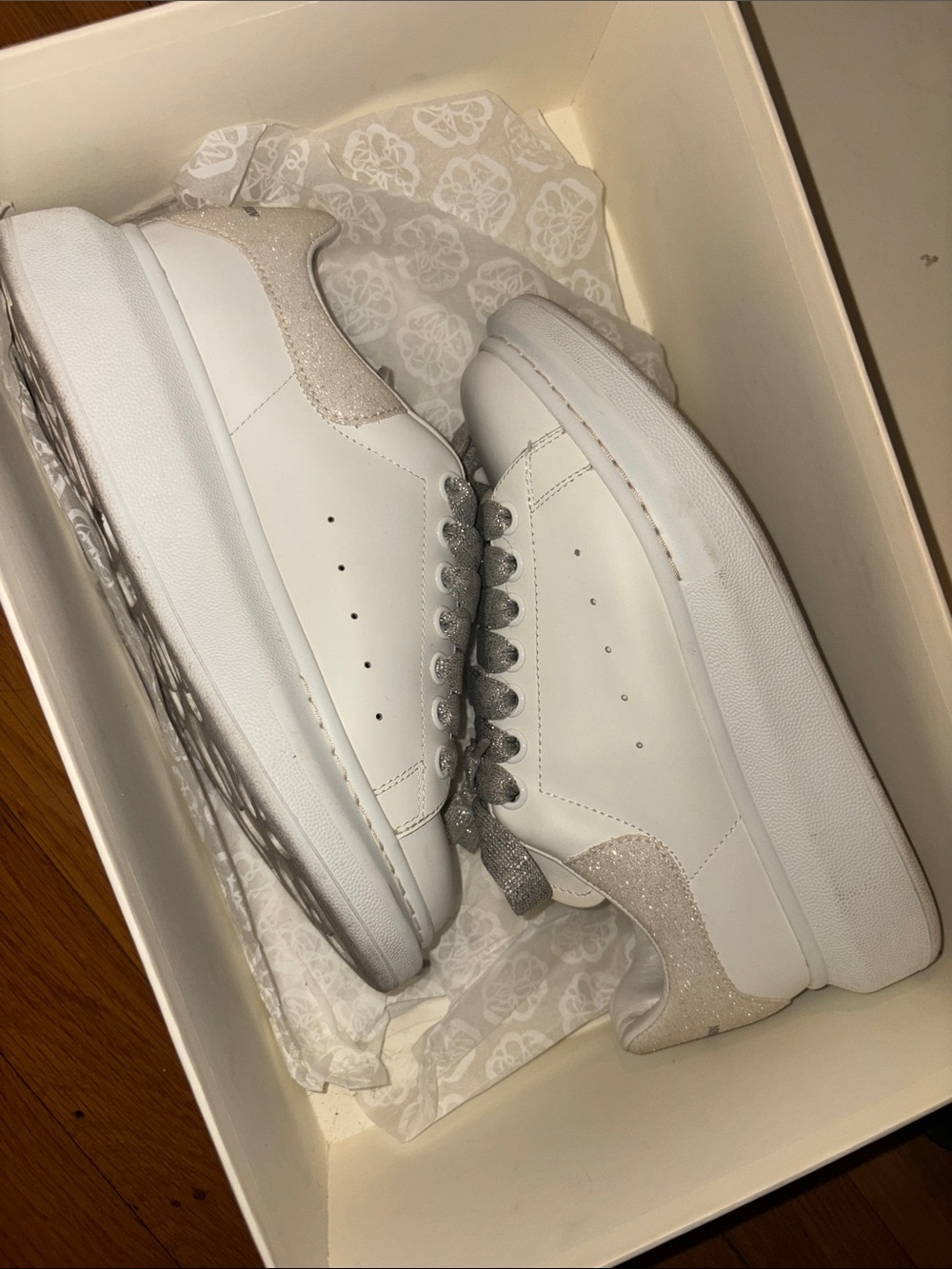Alexander McQueen White Sneakers with Silver Glitter Heel
